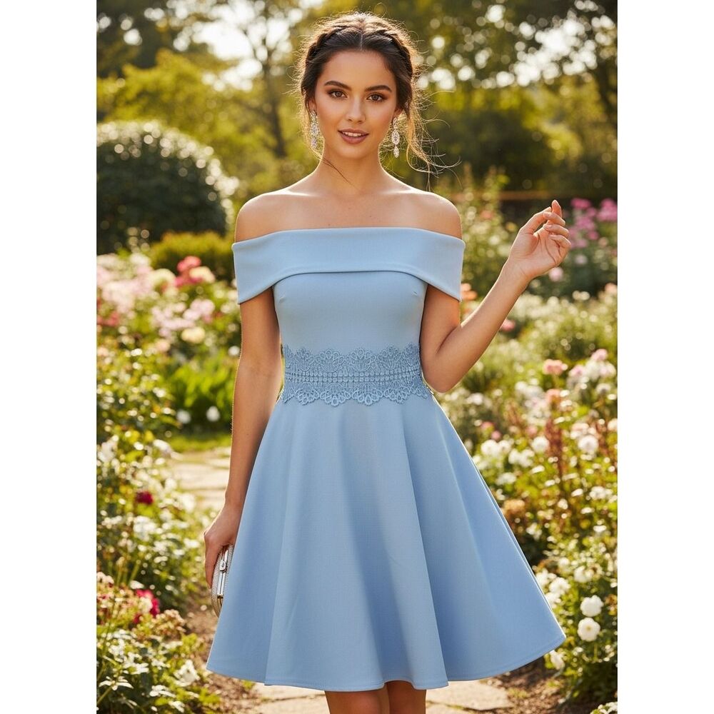 B. Darlin Women Light Blue Off Shoulder Lace Waist Skater Dress 4XGQ071 Size 5/6